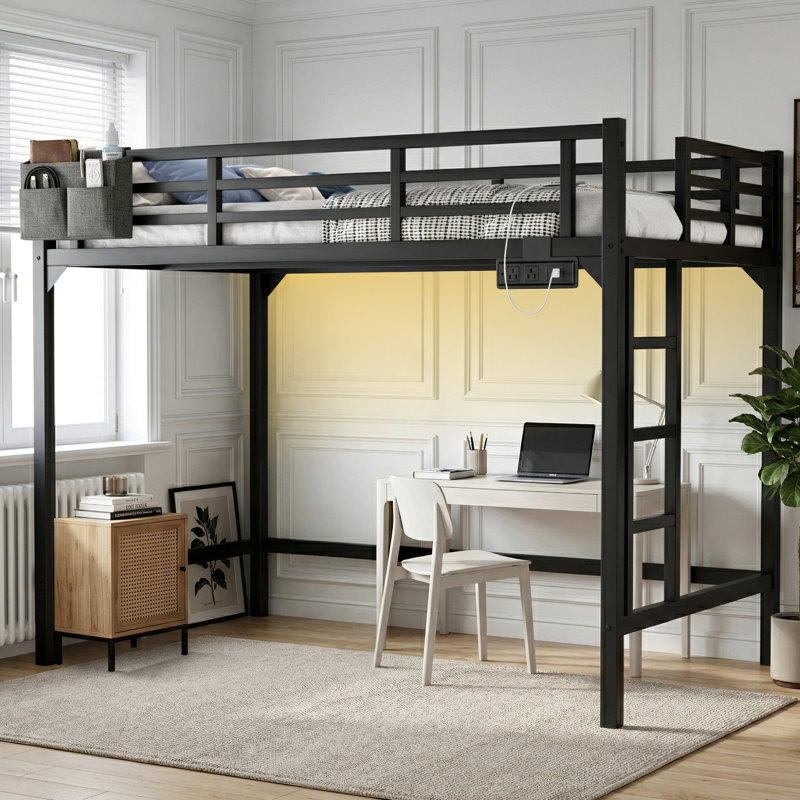 Twin XL Metal Loft Bed with Charging Station and LED Light, Space-Saving Design, Twin XL