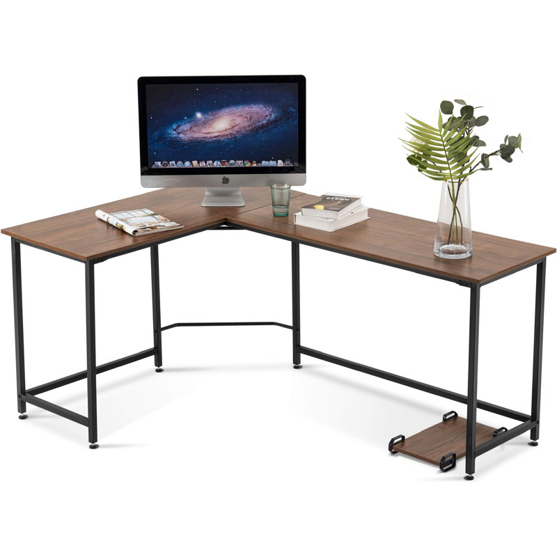 Bureau d'ordinateur de coin en L pour ordinateur avec tiroirs et tablettes de rangement, Brun / noir