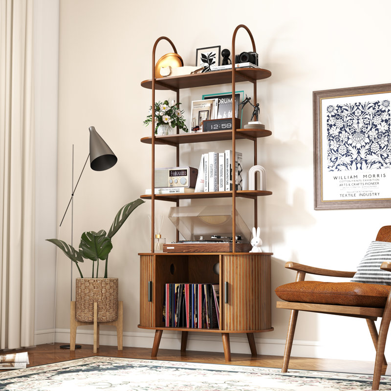 Bibliothèque à 4 niveaux, bibliothèque autoportante de 68,9 pouces avec armoire de rangement et porte coulissante, Noyer