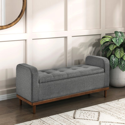 Bedroom Storage Lift Top Bench In Mid-century Modern, Gray Upholstered, Solid Wood Walnut Modern Upholstered Bench, Storage, Finish