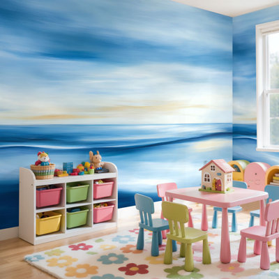 Papier peint adhésif autocollant abstrait bleu océan moderne, bord de mer, coucher de soleil, lever du soleil, lac de mer, papier autocollant amovible, décoration murale pour salon, chambre à coucher H 69 po x l 96 po