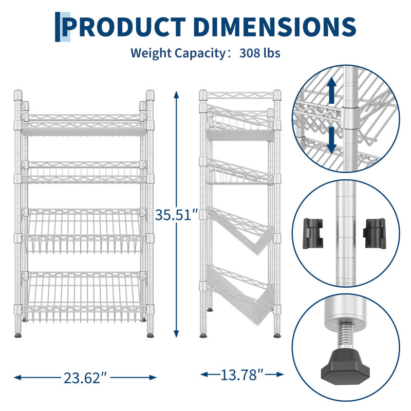 Étagère à quatre niveaux en acier chromé à double pente avec paniers réglables, tablette de rangement autoportante en acier au carbone pour cuisine, garde-manger et débarras.