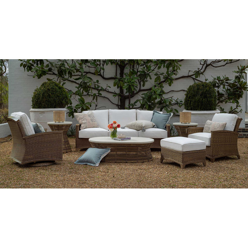 Astoria 85.13" Wide Outdoor Wicker Patio Sofa with Cushions, Natural White, Welt, Raffia/Oak