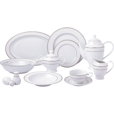 Lorren Home Trends Silver 57 Piece New Bone China Dinnerware Set, Service For 8 In White;silver