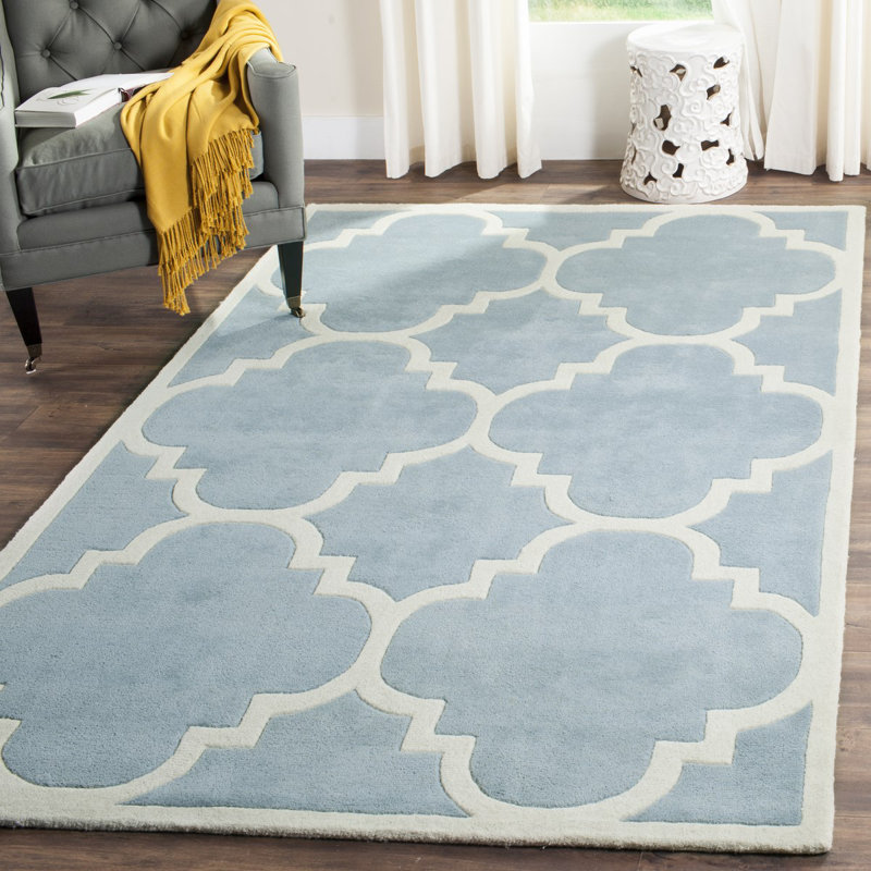 Blue and Ivory Hand-Tufted Wool Geometric 9' x 12' Rug