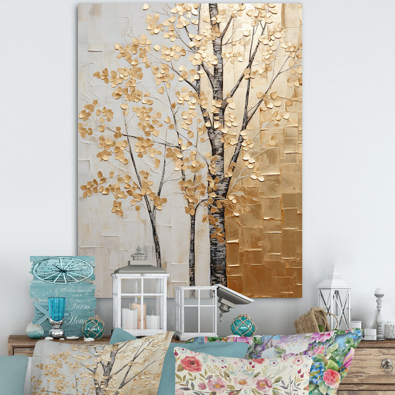 Minimalism Golden Trees Harmony II Framed On Canvas Print, Wrapped Canvas, 40" H x 30" W x 1.5" D