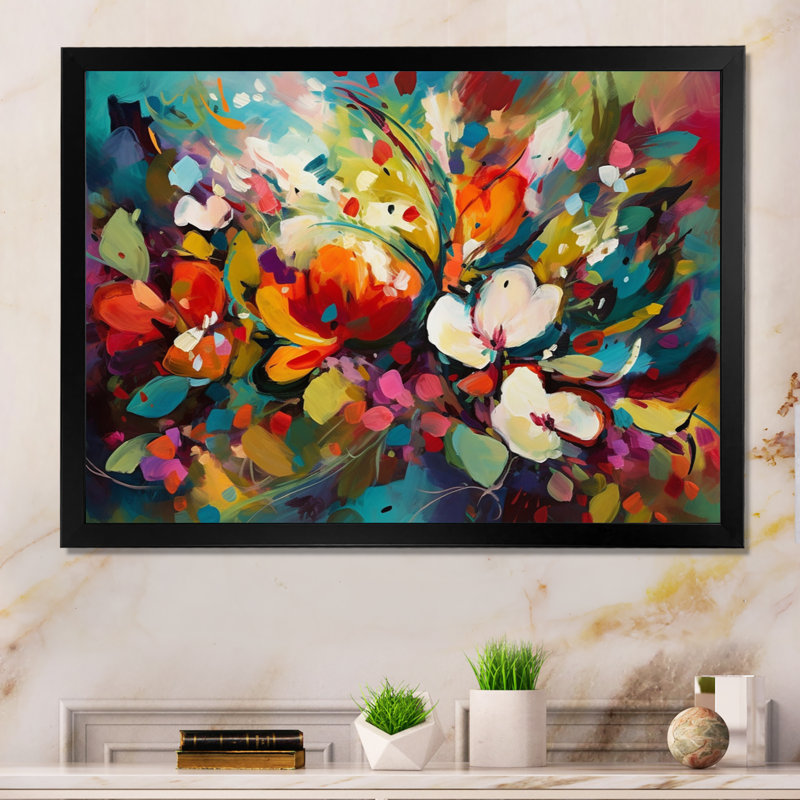 Rynette Red Vibrant Garden Symphony III - Art mural floral, Cadre photo noir, H 30 po x l 40 po x P 1,5 po