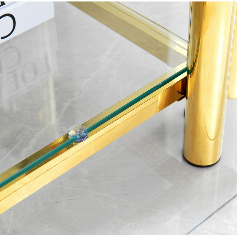 Square Stainless Steel End Table, Double-Layer Tempered Glass With Hidden Storage, Gold
