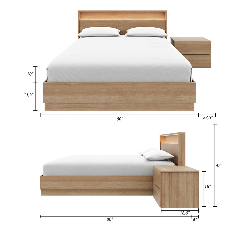 Ensemble de chambre à coucher 2 pièces avec éclairage intégré Dechant, Brun