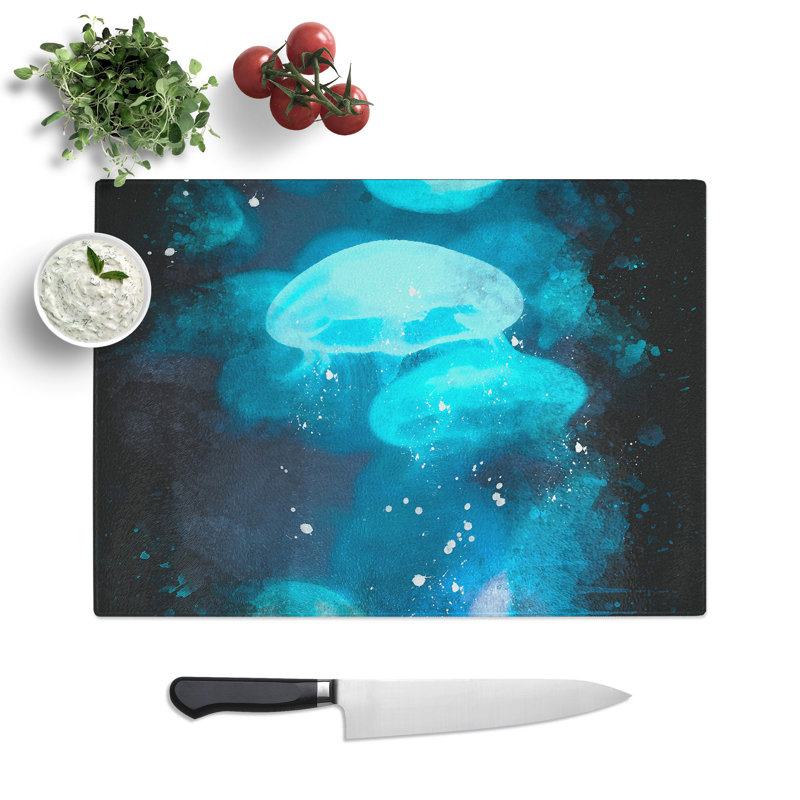 Tempered Glass Blue Jellyfish Chopping Board, 28.5 cm x 39 cm