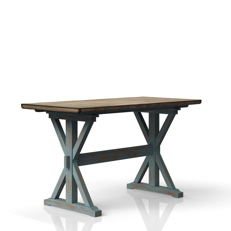Table de salle à manger à hauteur de comptoir avec base en X en bleu, bois et solide