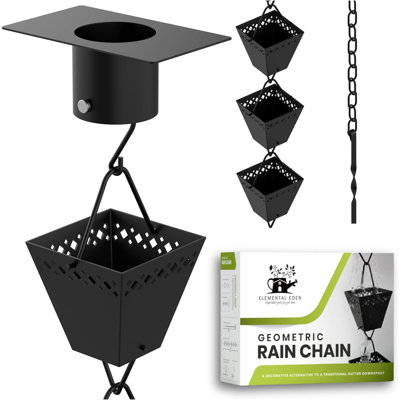 Rain Chain Kit w/Adapter & Extension | Black Powder Coated Rain Chains for Gutters 10 ft