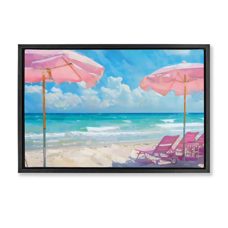 Cadre flottant rose avec parasols de plage, design par LSR Design Studio, Cadre flottant noir de jais, H 17 po x l 25 po