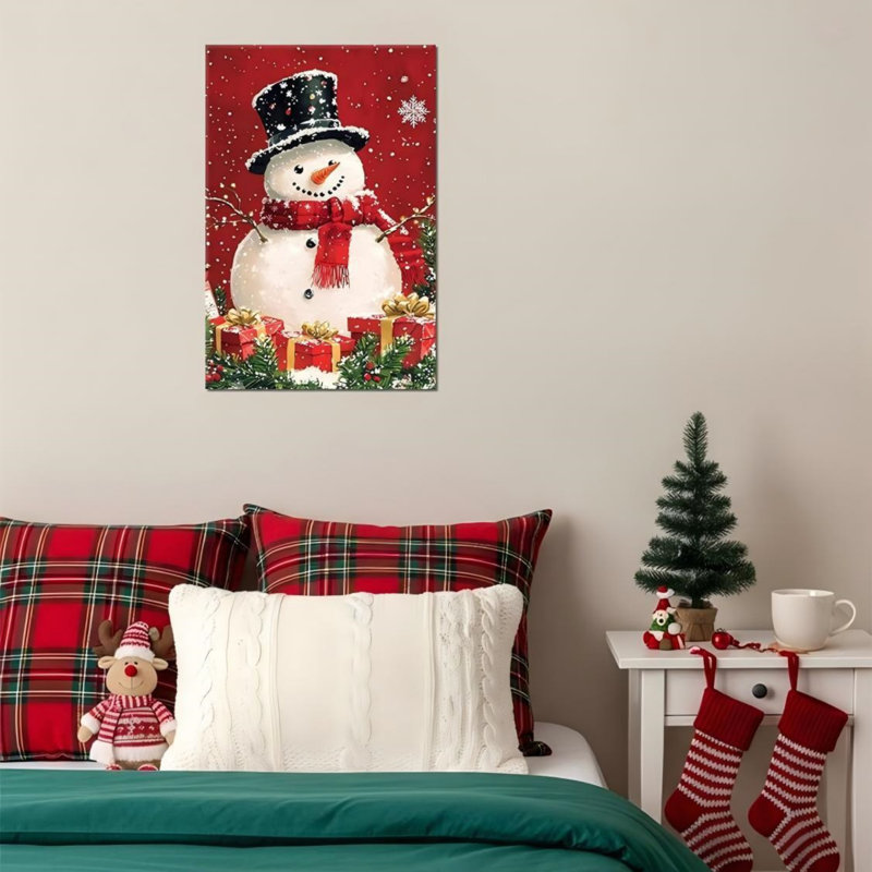 Art mural en toile rouge avec bonhomme de neige rouge 24 po x 36 po