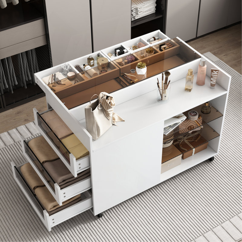 Commode de meuble-lavabo pour îlot de cuisine 43,3 po avec 3 tiroirs latéraux, un espace de rangement réversible et deux tablettes en verre, blanc