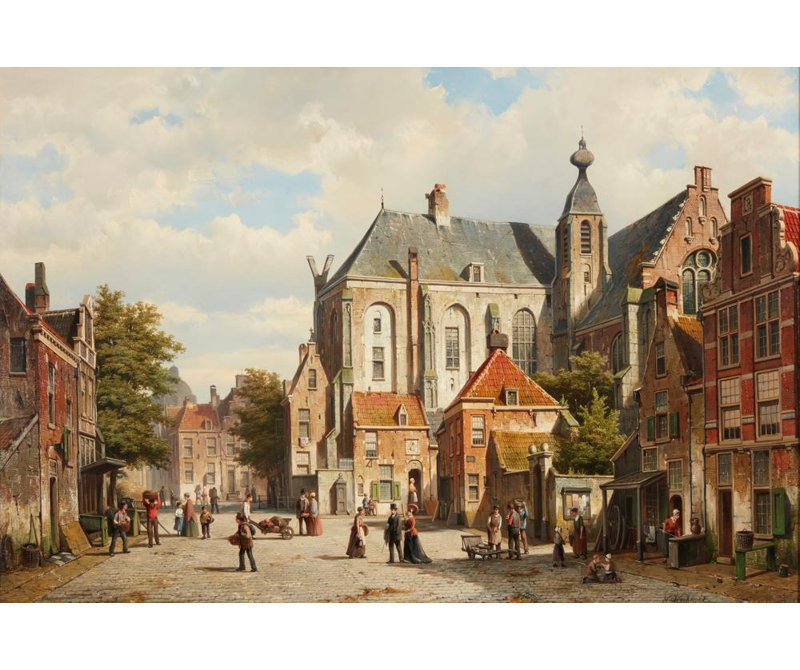 «A Busy Street in a Dutch Town» par willem Koekkoek - Art mural sur toile tendue avec châssis, H 24 po x l 17 po