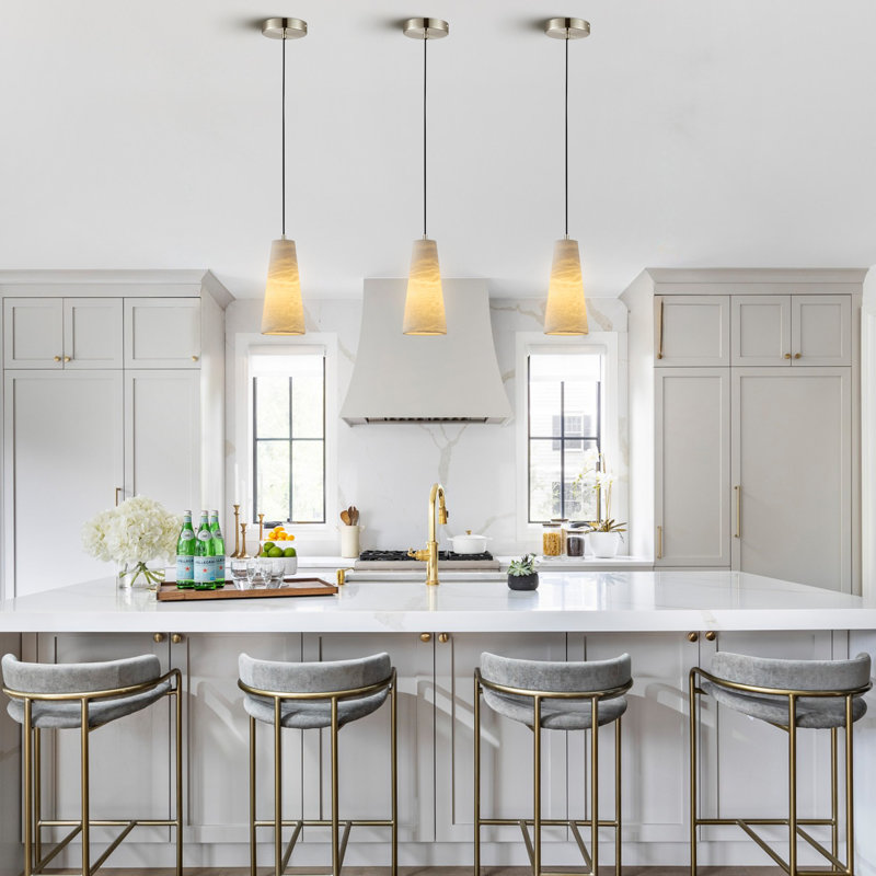 Rennata Height Adjustable Luxurious Alabaster Conical Pendant Lights(Set of 3), Silver