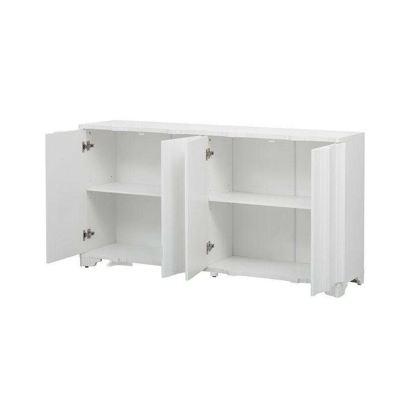 4-Door Pine Veneer Sideboard with Linear Accents – Modern Storage Cabinet for Living Room, Entry & Study, White