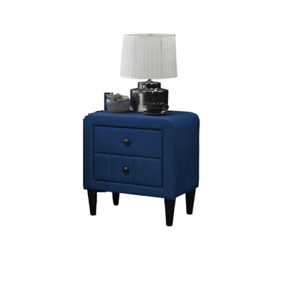 Table de chevet contemporaine en velours bleu marine avec rangement à 2 tiroirs