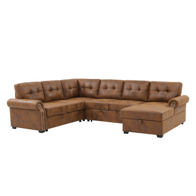 U-shape Sectional Sleeper In Brown Faux Leather With Storage Chaise, Easily Transform To Bed, Design For A Stylish Appearance, Space Built-in Storage, No Tool Assembly, 112.09 In Depth, 86.33 Width,
