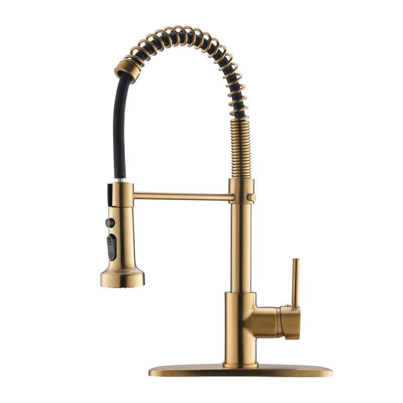 Stylish Brushed Gold Kitchen Faucet With Pull-Down , Long-Lasting, Single Handle Control Spray, Stream & Spray Function,