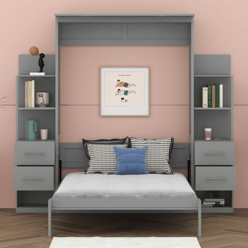 Lit escamotable double avec tablettes Campden, Gris
