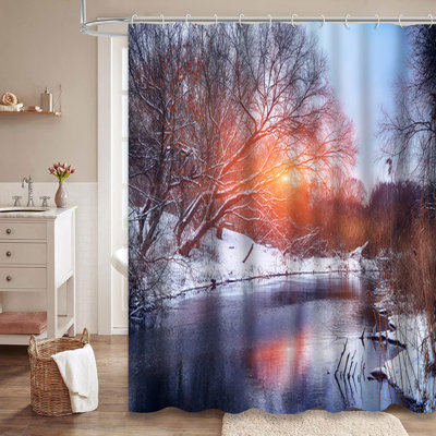 Winter Landscape River Sunset Forest Frozen Water Branches Calm River Forest Shower Curtain with 12 Hooks
