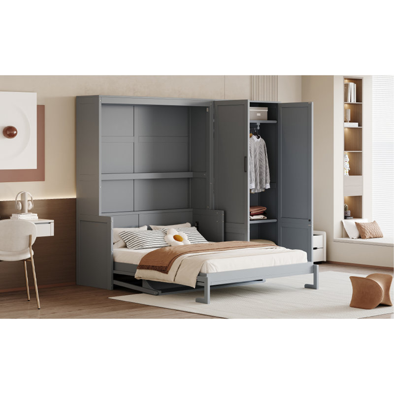 Grand lit escamotable mural avec placard, Gris