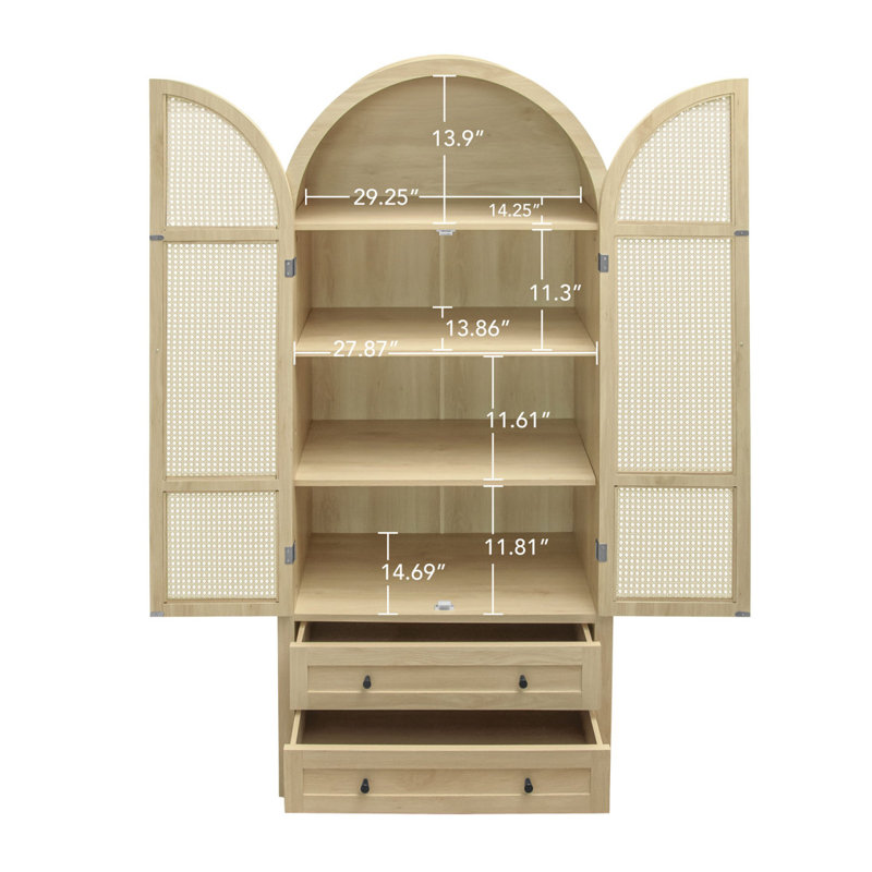 Garde-manger arqué de 70,28 po de hauteur, vitrine de rangement arquée avec 2 tiroirs et tablettes réglables, armoire de rangement polyvalente à porte en rotin pour la cuisine, la salle à manger et le salon