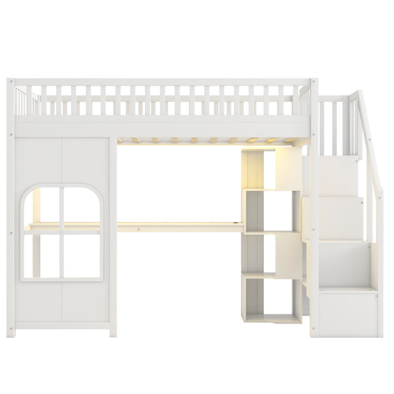 Lit mezzanine avec escalier de rangement, bureau intégré, étagères ouvertes, panneau de fenêtre décoratif, bande lumineuse DEL et port de chargement USB