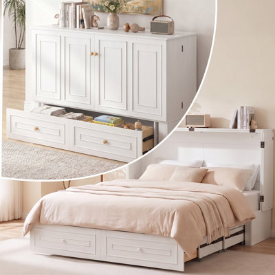 Queen Murphy Bed Cabinet with Storage & USB Charging Station, White