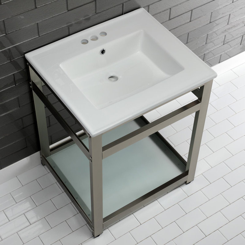 Quadras Ceramic Rectangular Console Bathroom Sink with Overflow, White/Brushed Nickel, 4" Centers