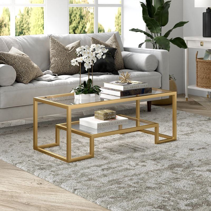 Frame Coffee Table with Storage, Brass, 43.18cm H  x 114.3cm W x 50.8cm D