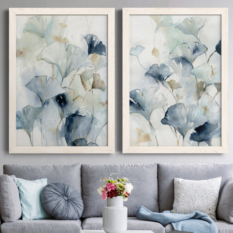 Indigo Ginkgo I - peinture sur toile 2 pièces, H 24 po x l 20 po x P 1 po, Cadre blanc