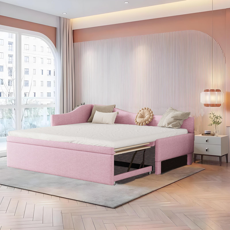 Upholstered Linen Daybed with Trundle Bed, Pink