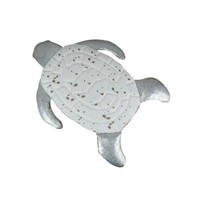 Coastal sea turtle metal wall sculpture with white enamel and galvanized zinc, 17 inches wide