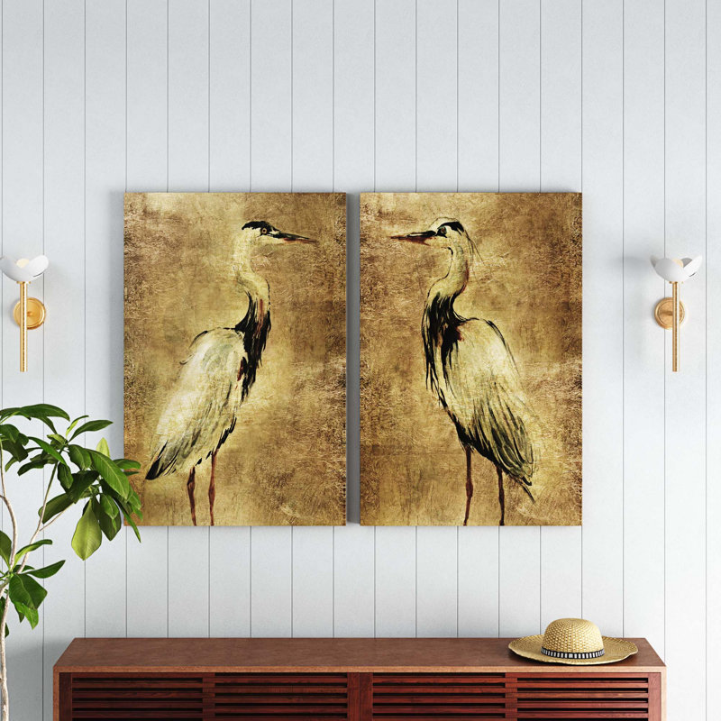 «Gold Crane at Dusk I», ensemble de 2 reproductions d'art sur toiles, H 48 po x l 64 po, Toile tendue, Sans cadre