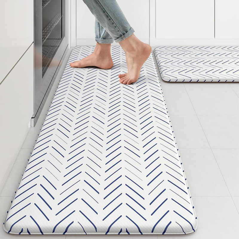 Ensemble de 2 tapis de cuisine imperméables et confortables Boho, Blanc / Bleu