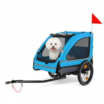 Bicycle Trailer Cart for Canines, Designed to Accommodate Small to Medium-Sized Pets, Features a Simple Collapsible Frame, Wheels That Detach Easily, A Non-Slip Base, And an Interior Tether, Blue/Grey