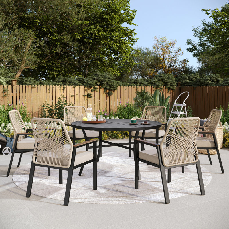 Dayshanay Outdoor Dining Set,Round Patio Table And Rattan Chairs With Cushion, 6