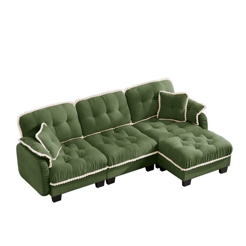 Canapé en forme de L en chenille avec 4 coussins, repose-pieds mobile et garniture capitonnée matelassée de conception ergonomique, canapé à assise profonde facile à assembler pour le salon, le bureau, un appartement, vert