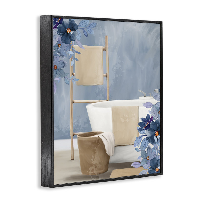 «Bathroom Blues», scène florale giclée, design par Kim Allen, Giclée encadrée noir minuit, H 30 po x l 24 po