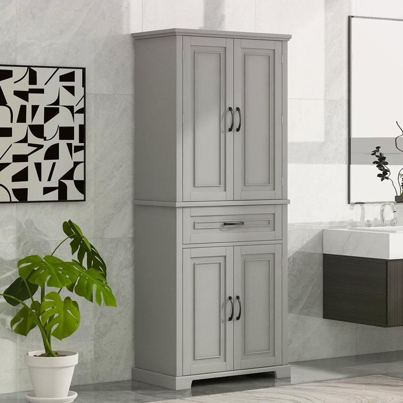 Armoire de rangement de salle de bain avec portes et tiroir, plusieurs espaces de rangement, tablette réglable, Gris