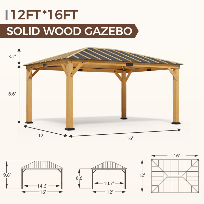 16 Ft. W x 12 Ft. D Outdoor Permanent Hardtop Wood Gazebo – Heavy-Duty Spruce Solid Wood Pavilion with Asphalt Roof, All-Weather Canopy for Patio, Lawn, Garden & Backyard