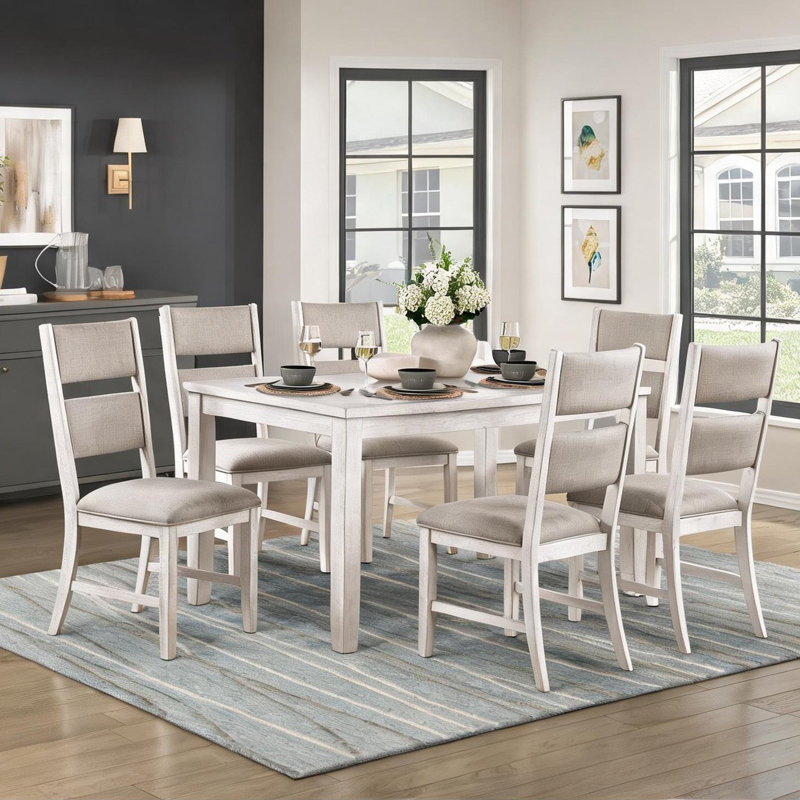 Ensemble de salle à manger rembourré 7 pièces avec table rectangulaire et 6 chaises d'appoint, 6 places, finition blanc antique, fabrication en bois, plateau de table 36 x 60 pouces