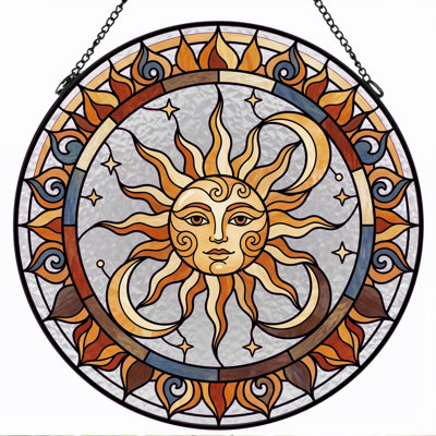Sun Moon Stained Glass Window Panel，12"H