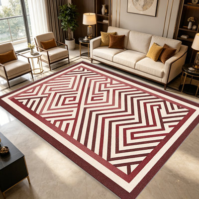 Tapis de labyrinthe rouge pour le salon, doux et confortable, convient à toutes les saisons, facile à entretenir, tapis de sol intérieur lavable à la machine, sous la table de ferme convenant à la chambre à coucher, à la salle à manger, au bureau, au balcon, au patio