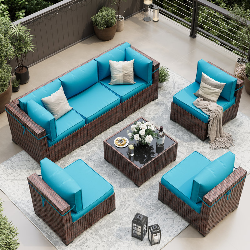 Ensemble de conversation modulaire en rotin 7 pièces avec coussins 7 pièces, Bleu ciel