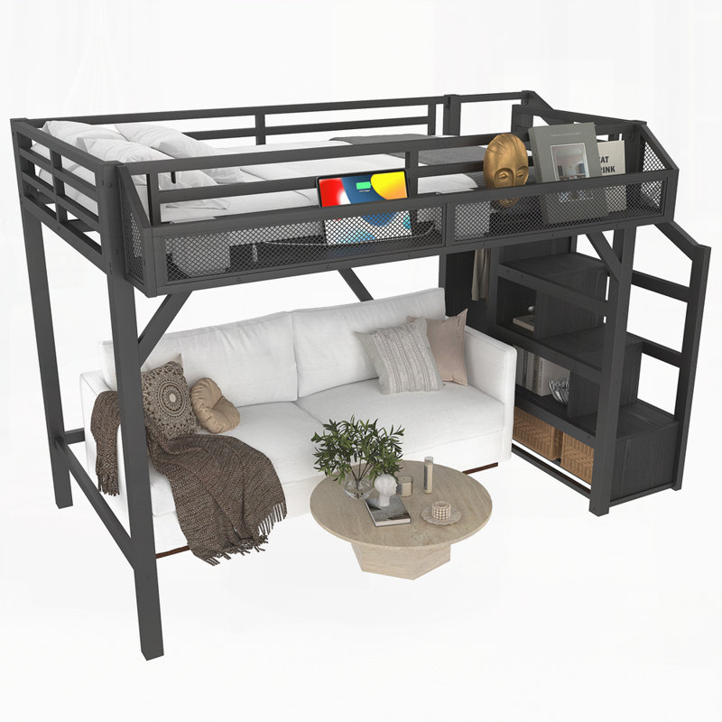 Loft Bed with Storage Stairs, Shelves and Built-in Wardrobe, Black, Twin XL