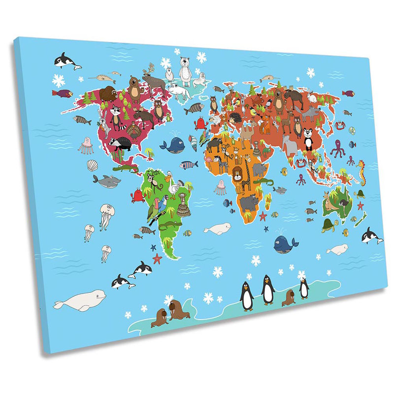 Map Of World Animals - Wrapped Canvas Art Prints, 30.5cm H x 45.7cm W x 2cm D
